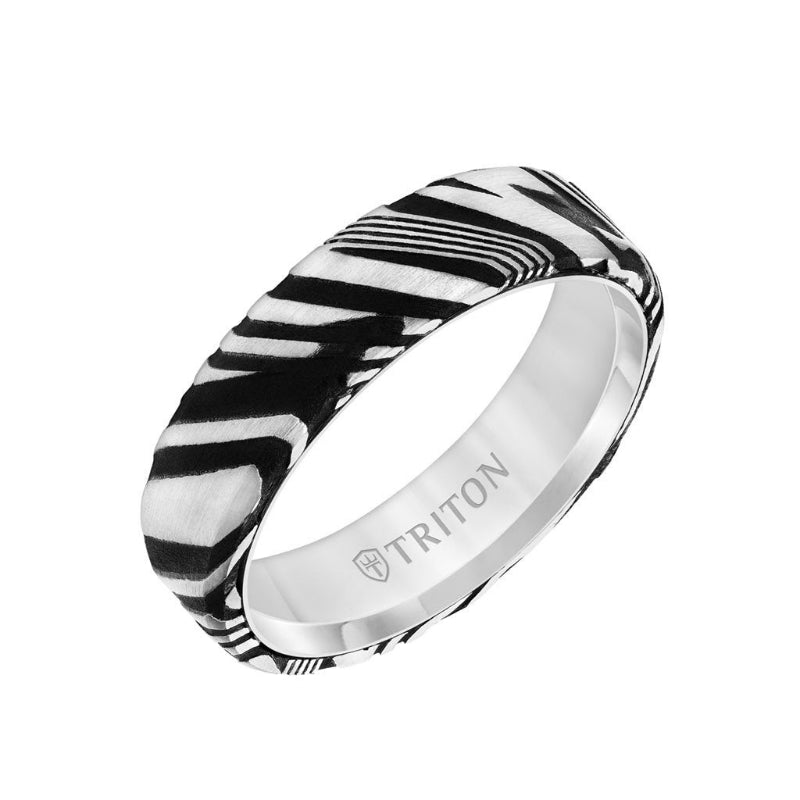 Triton 6MM White Tungsten Carbide Ring with Damascus Steel