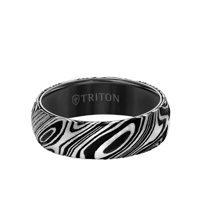 Triton 7MM Black Tungsten Carbide Ring with Damascus Steel