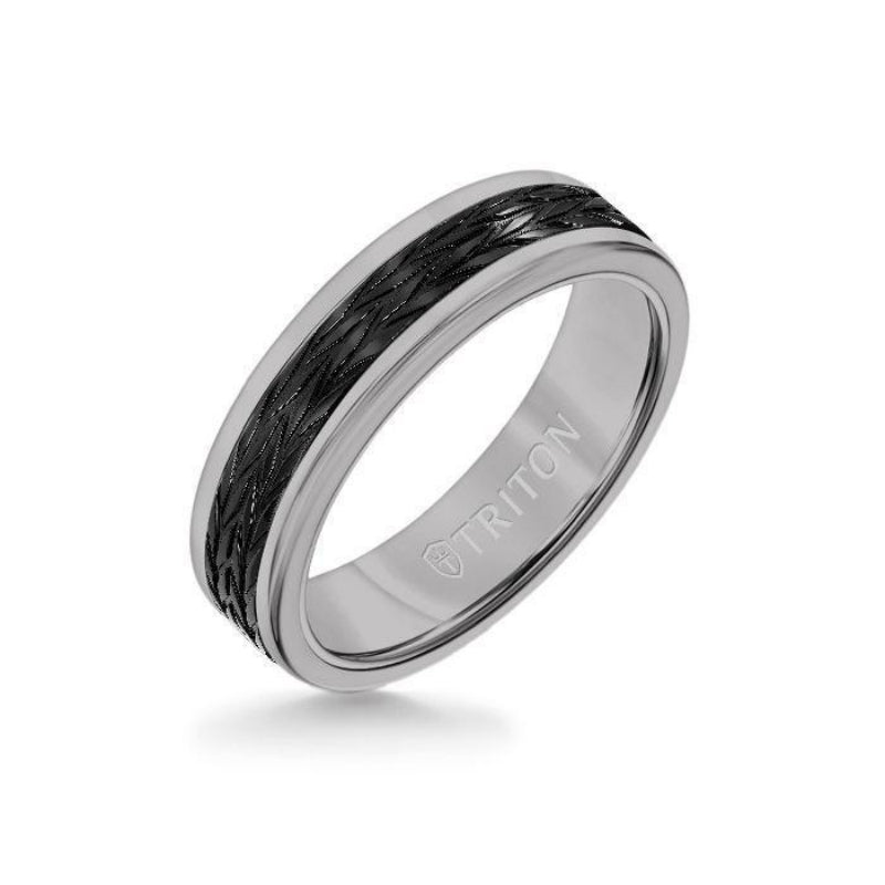 Triton 6MM Grey Tungsten Carbide Ring - Tire Tread Black Titanium Insert with Round Edge