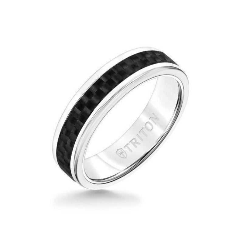 Triton 6MM White Tungsten Carbide Ring - Twill Carbon Fiber Insert with Round Edge