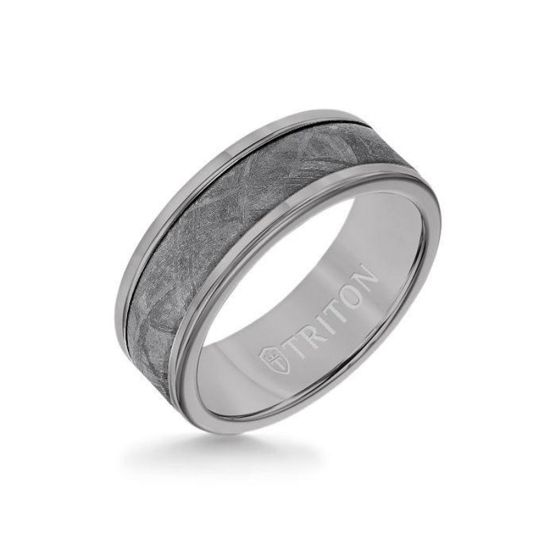 Triton 8MM Grey Tungsten Carbide Ring - Meteorite Insert with Round Edge
