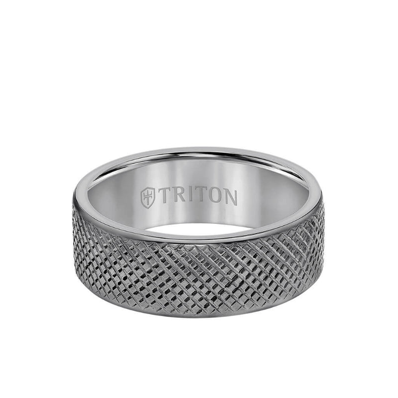 Triton 8MM Tantalum Ring - Cross Hatch Center and Flat Edge