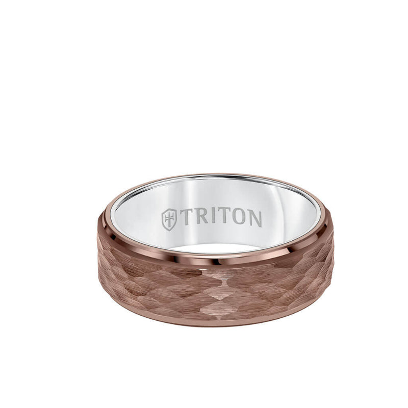 Triton 8MM Espresso Tungsten Carbide Ring - Hammered Center and Step Edge
