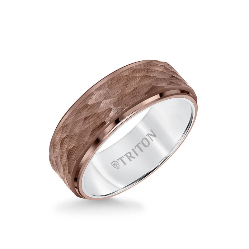 Triton 8MM Espresso Tungsten Carbide Ring - Hammered Center and Step Edge