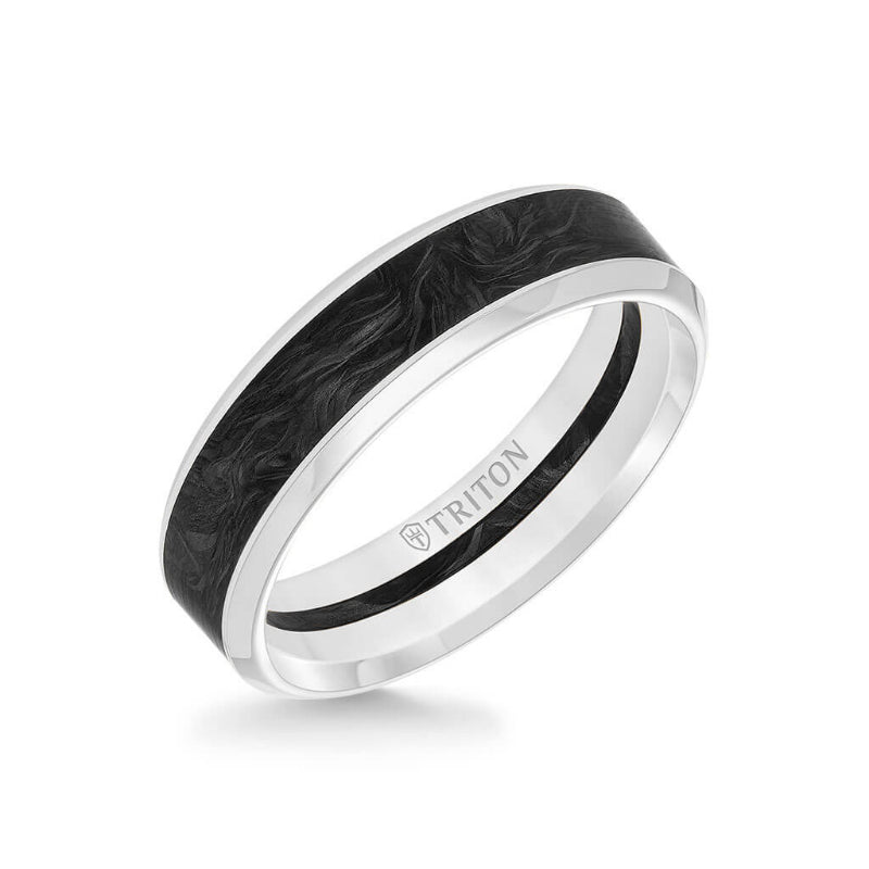 Triton 6MM 14K Gold Ring + Forged Carbon - Channel Center & Bevel Edge