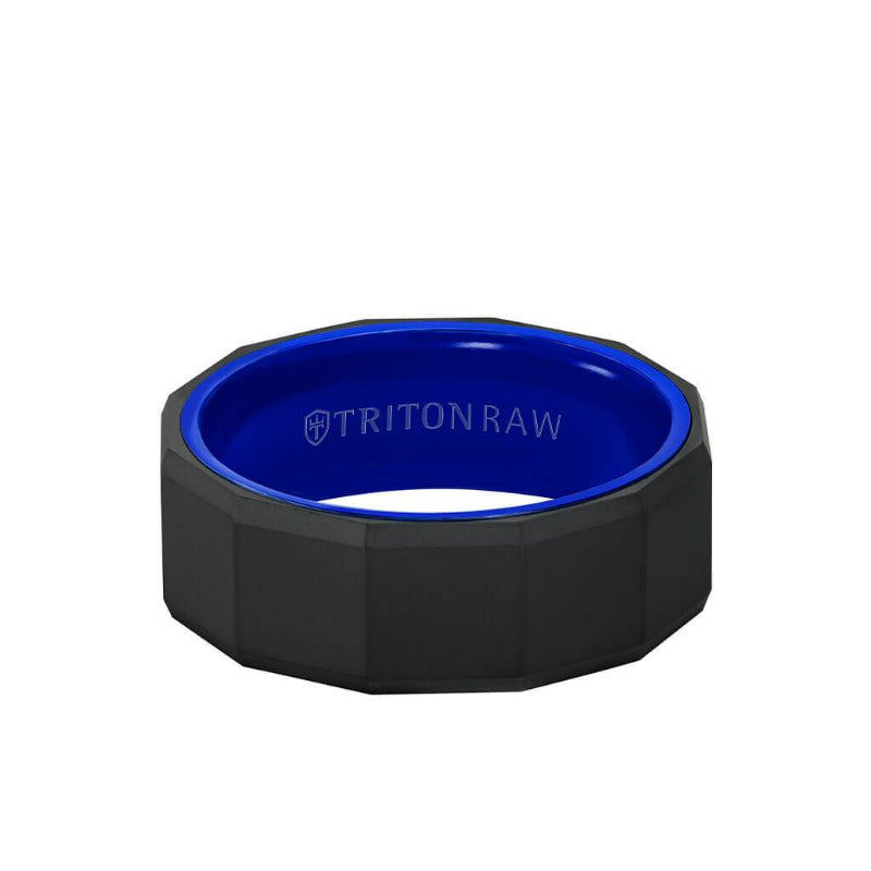 Triton 8MM Tungsten RAW Black DLC Ring - Faceted Pattern, Ceramic Interior and Bevel Edge