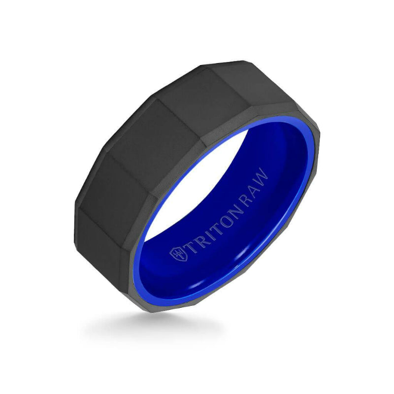 Triton 8MM Tungsten RAW Black DLC Ring - Faceted Pattern, Ceramic Interior and Bevel Edge