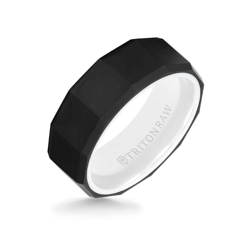 Triton 8MM Tungsten RAW Black DLC Ring - Faceted Pattern, Ceramic Interior and Bevel Edge