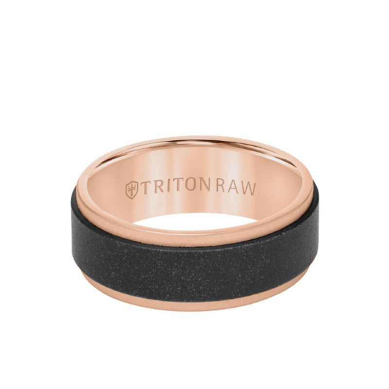 Triton 8MM Tungsten RAW Black DLC + 14K Rose Gold Ring - Flat Profile and Step Edge