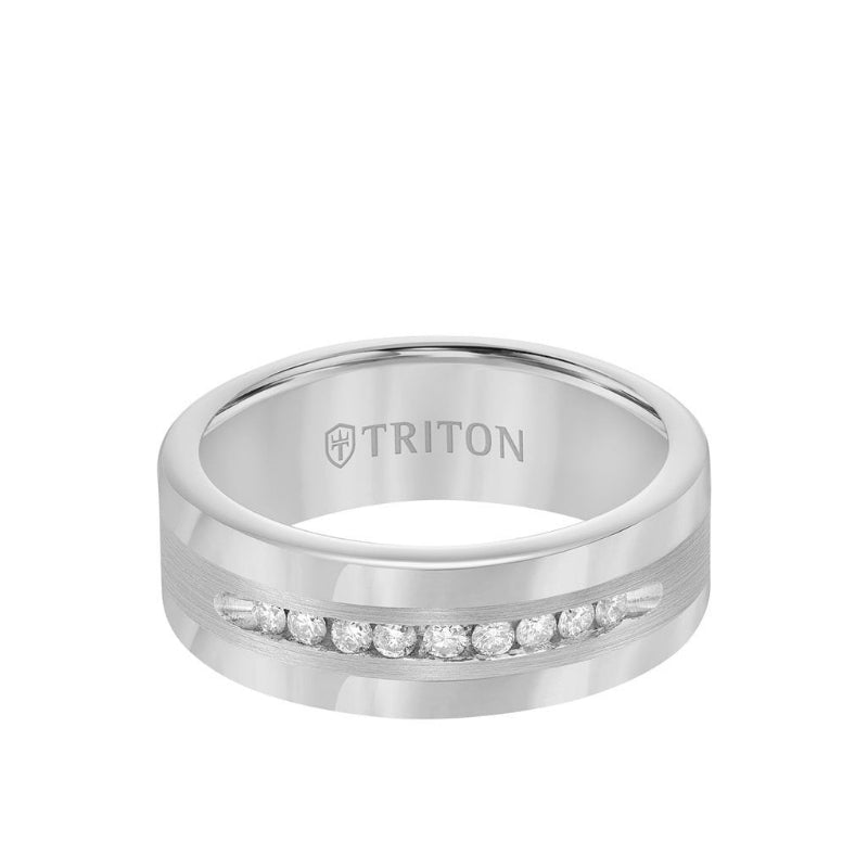 Triton 8MM Tungsten Diamond Ring - Channel Set Silver Satin Finish and Round Edge