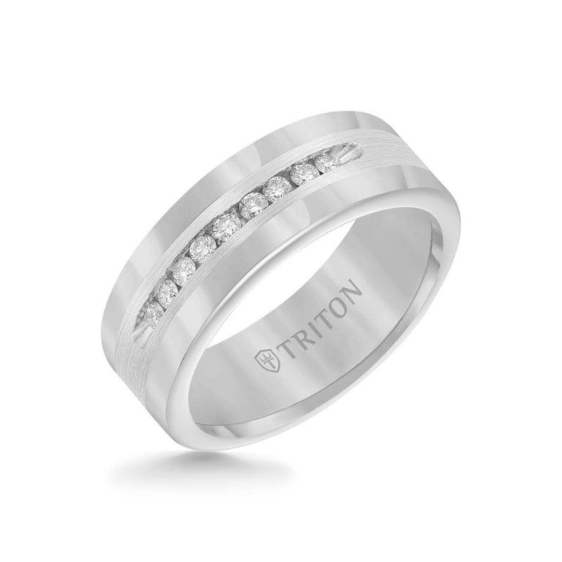 Triton 8MM Tungsten Diamond Ring - Channel Set Silver Satin Finish and Round Edge
