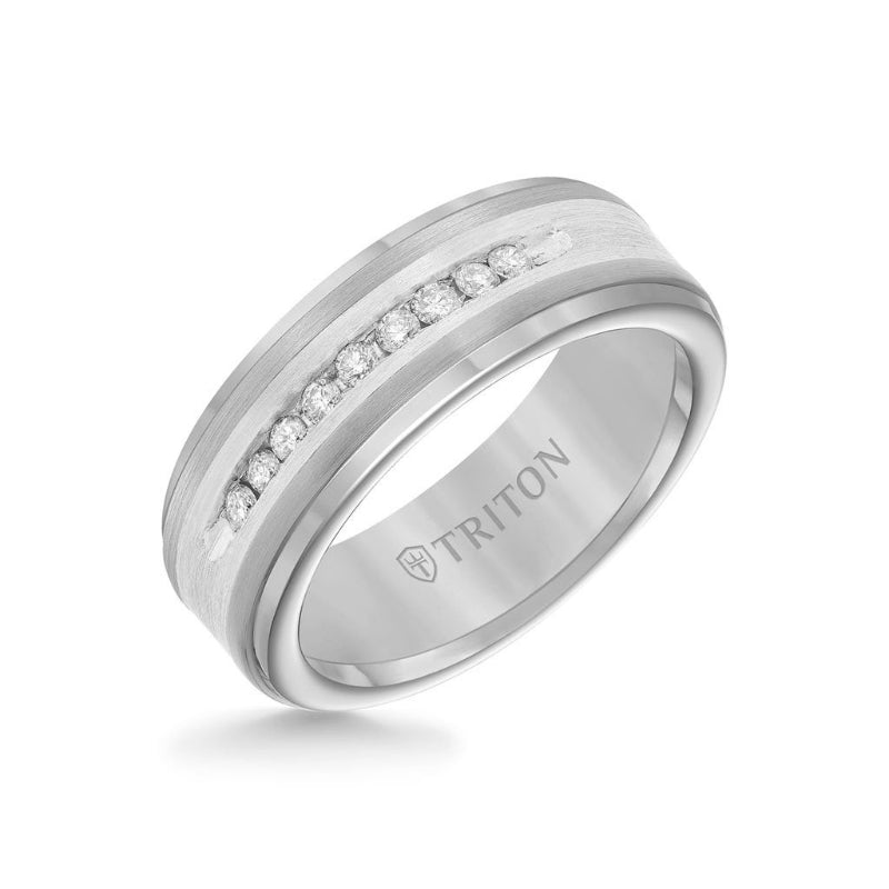 Triton 8MM Tungsten Diamond Ring - Channel Set Silver Satin Finish and Step Edge