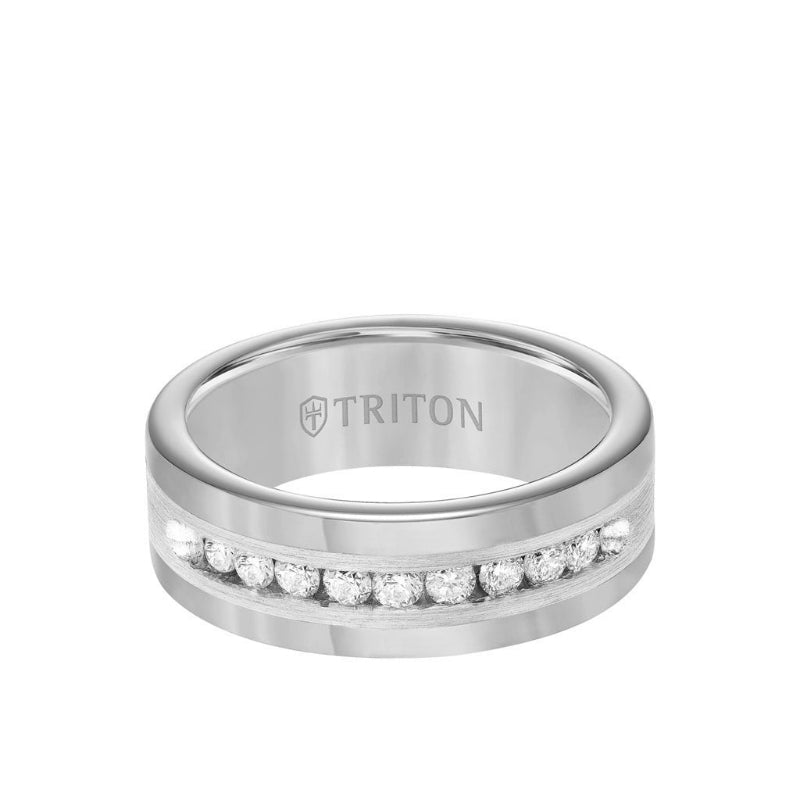 Triton 8MM Tungsten Diamond Ring - Channel Set Silver Satin Finish Inlay and Round Edge