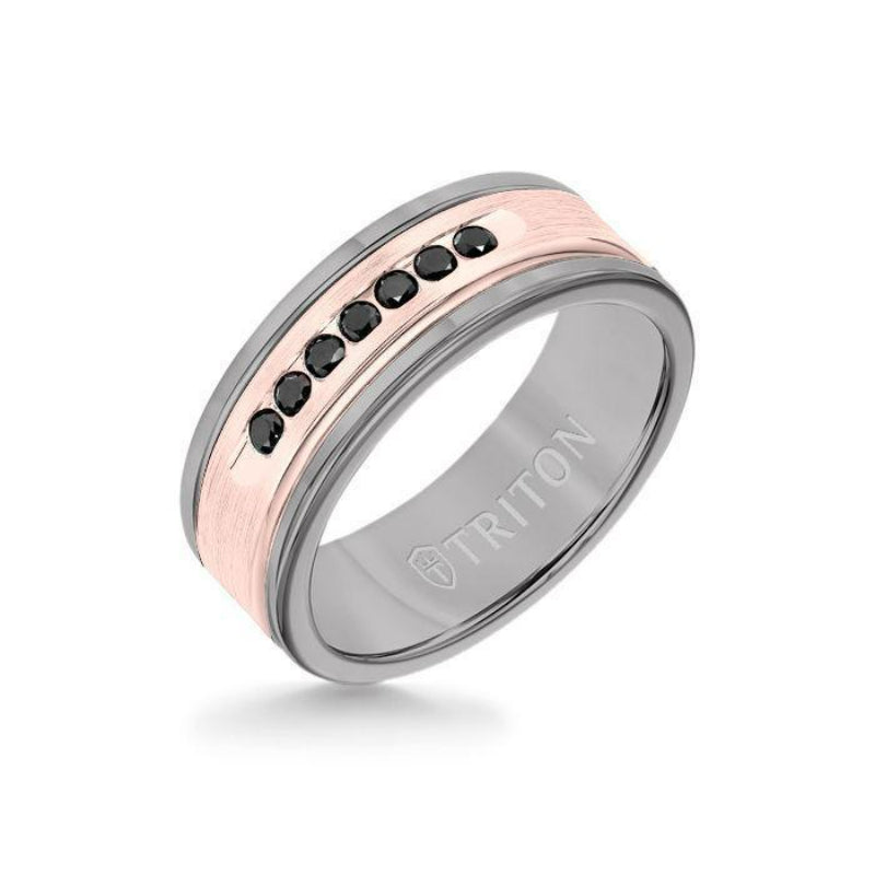 Triton 8MM Grey Tungsten Carbide Ring - Black Diamonds 14K Rose Gold Insert with Round Edge