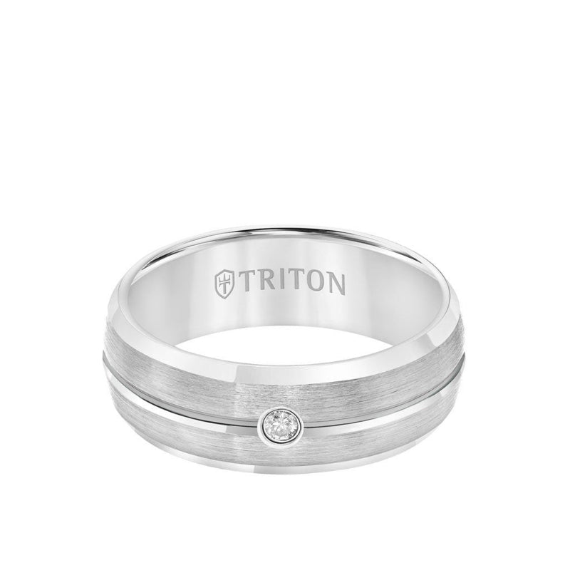Triton 8MM Tungsten Diamond Ring - Brush Bright Finish and Bevel Edge
