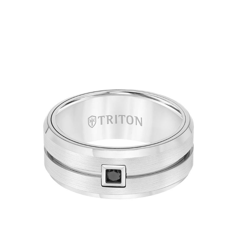 Triton 9MM Ring - Black Diamond Solitaire Brushed Center and Bevel Edge