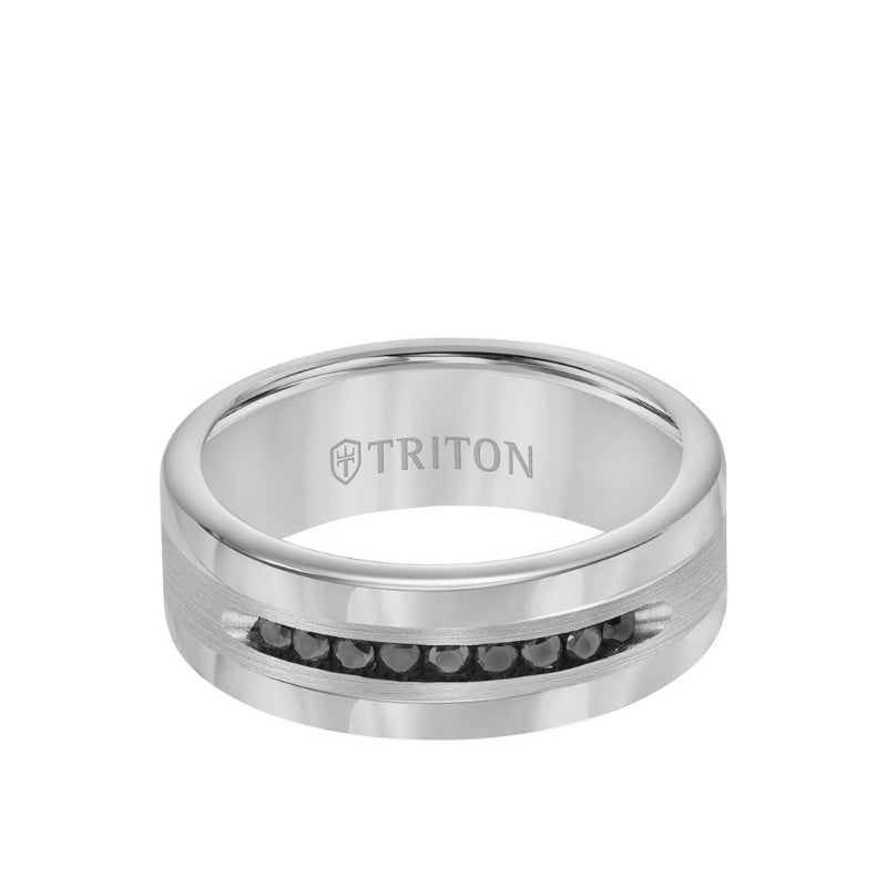 Triton 8MM Ring - Channel Set 1/4 ct Black Diamonds Silver Satin Finish and Round Edge