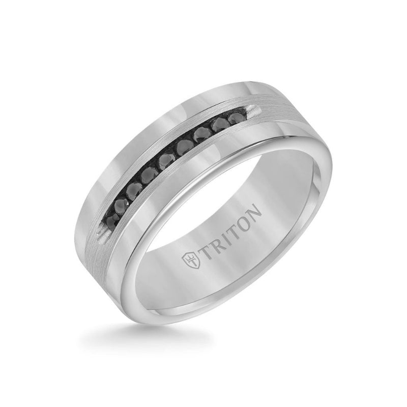 Triton 8MM Ring - Channel Set 1/4 ct Black Diamonds Silver Satin Finish and Round Edge