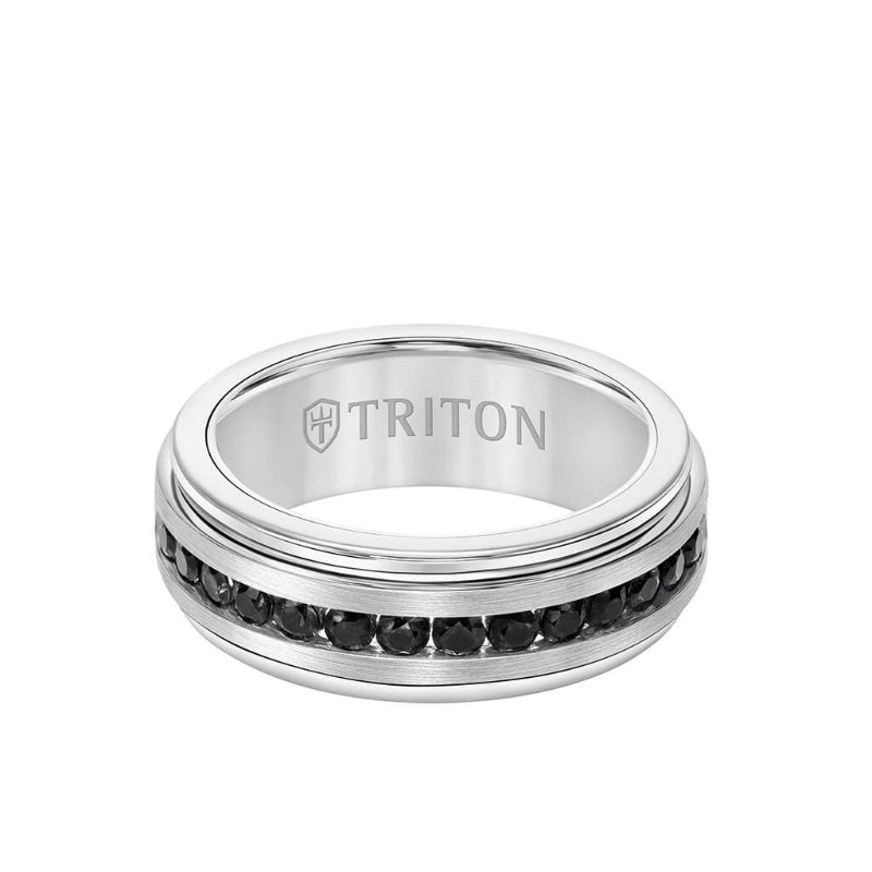 Triton 8MM Tungsten Carbide Ring - Stone Channel Set Silver Satin Finish