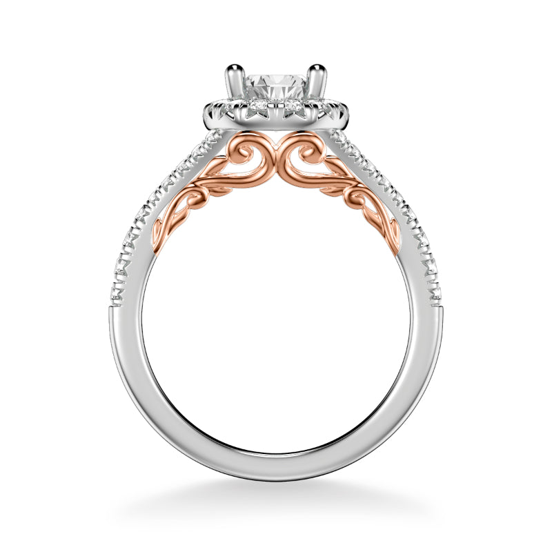 Artcarved Bridal Semi-Mounted with Side Stones Classic Lyric Halo Engagement Ring Augusta 14K White Gold Primary & 14K Rose Gold