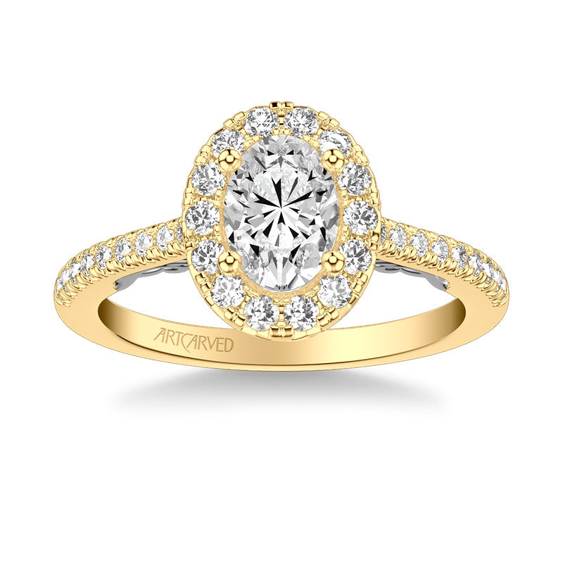 Artcarved Bridal Semi-Mounted with Side Stones Classic Lyric Halo Engagement Ring Jacinda 14K Yellow Gold Primary & 14K White Gold