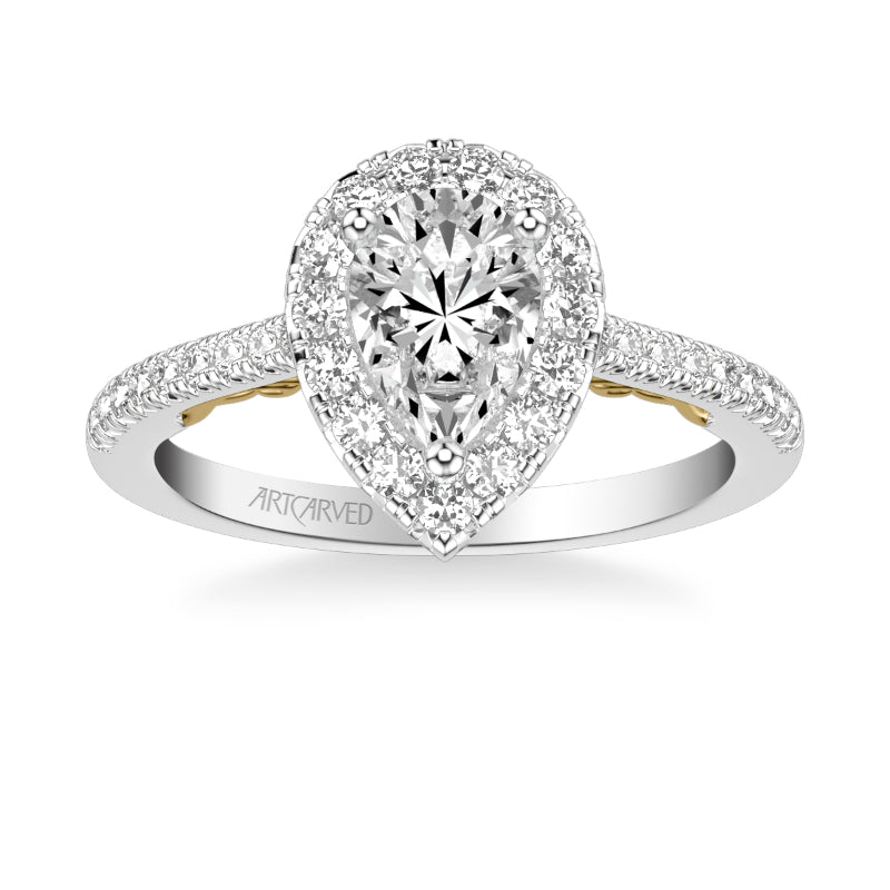 Artcarved Bridal Semi-Mounted with Side Stones Classic Lyric Halo Engagement Ring Demi 14K White Gold Primary & 14K Yellow Gold