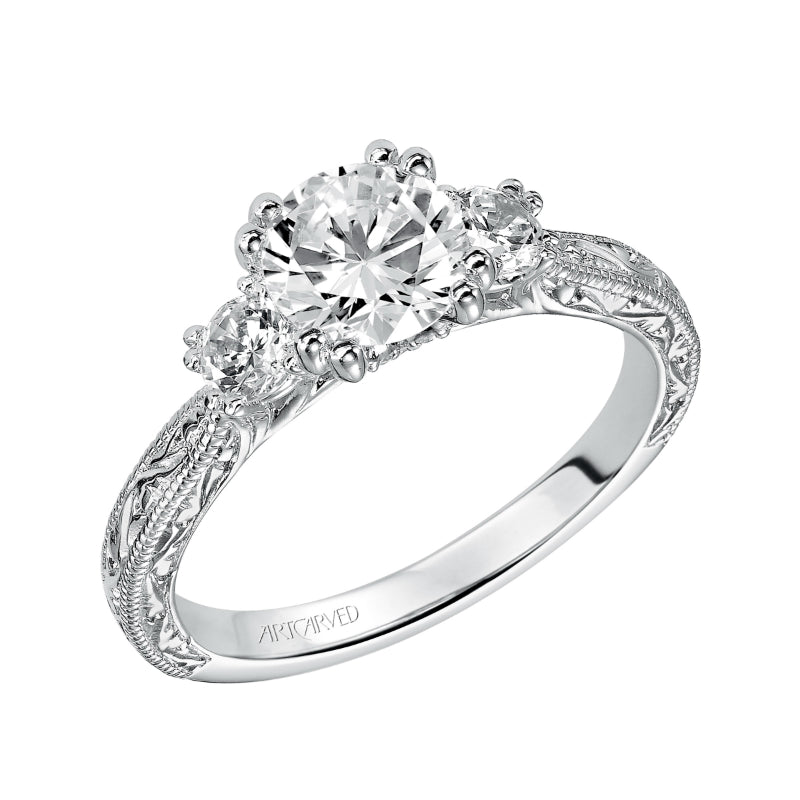 Artcarved Bridal Mounted with CZ Center Vintage Engraved 3-Stone Engagement Ring Anabelle 14K White Gold