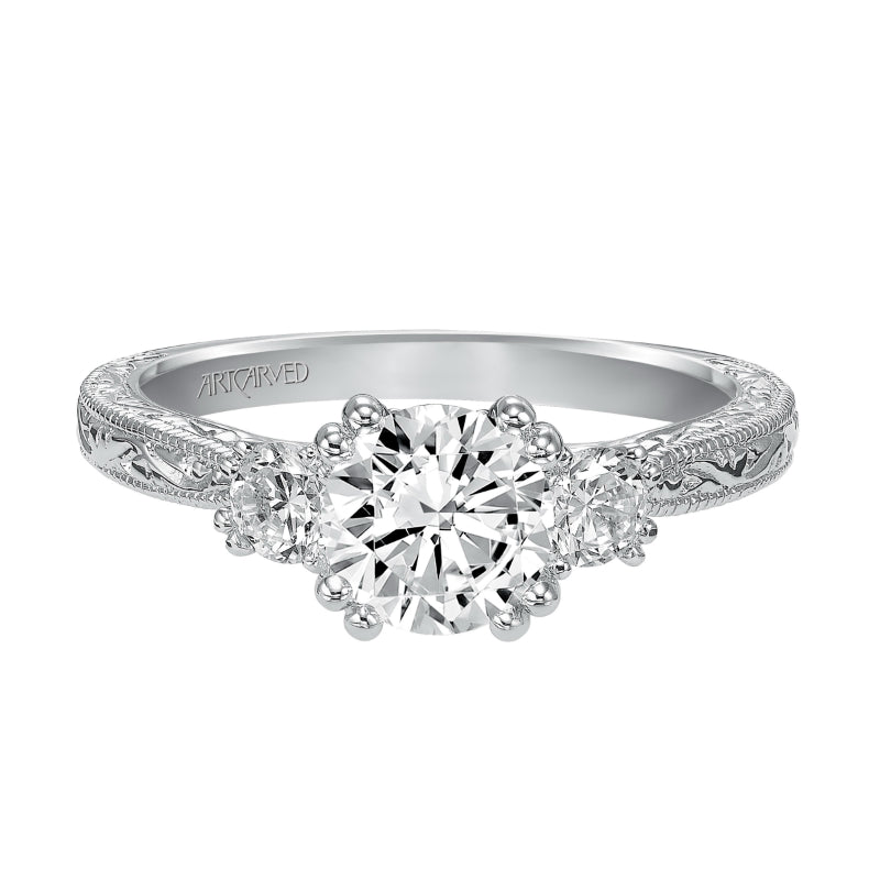 Artcarved Bridal Mounted with CZ Center Vintage Engraved 3-Stone Engagement Ring Anabelle 14K White Gold