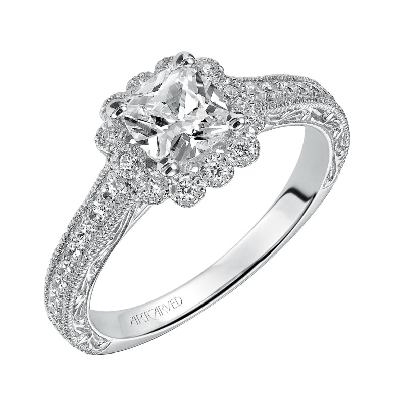 Artcarved Bridal Semi-Mounted with Side Stones Vintage Halo Engagement Ring Amaya 14K White Gold