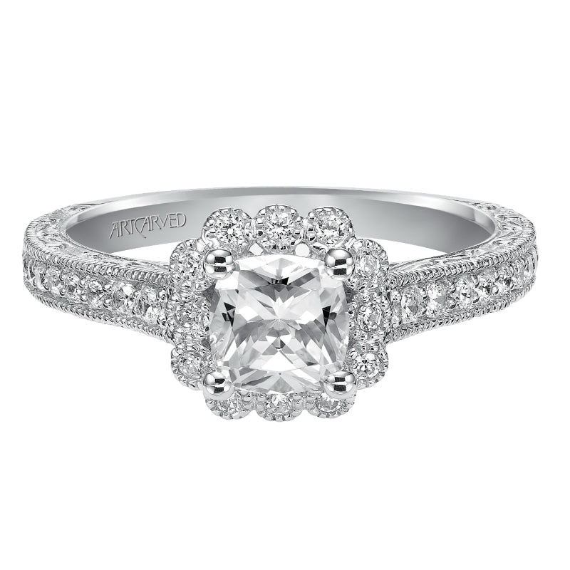 Artcarved Bridal Mounted with CZ Center Vintage Halo Engagement Ring Amaya 14K White Gold