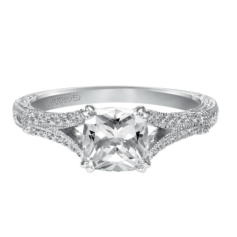 Artcarved Bridal Mounted with CZ Center Vintage Engraved Diamond Engagement Ring Angelina 14K White Gold