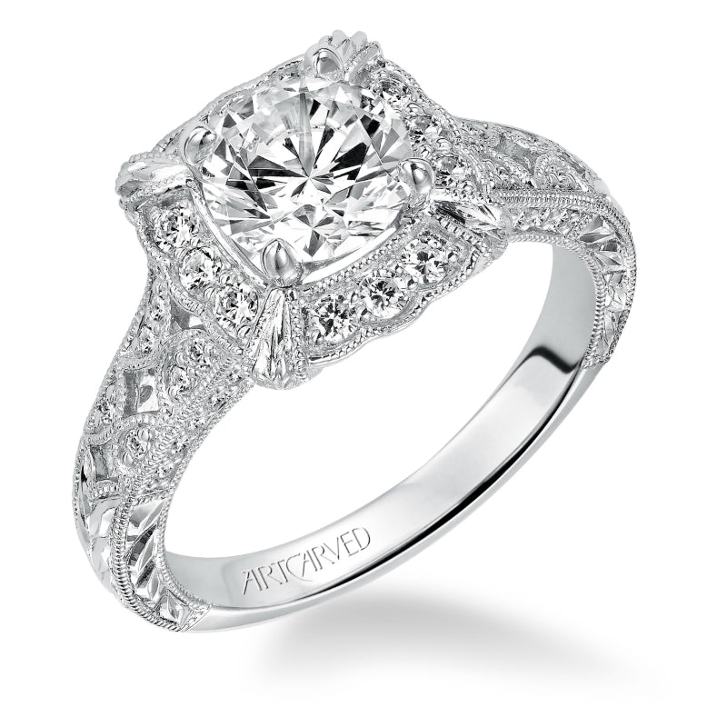 Artcarved Bridal Mounted with CZ Center Vintage Engraved Diamond Engagement Ring Alura 14K White Gold