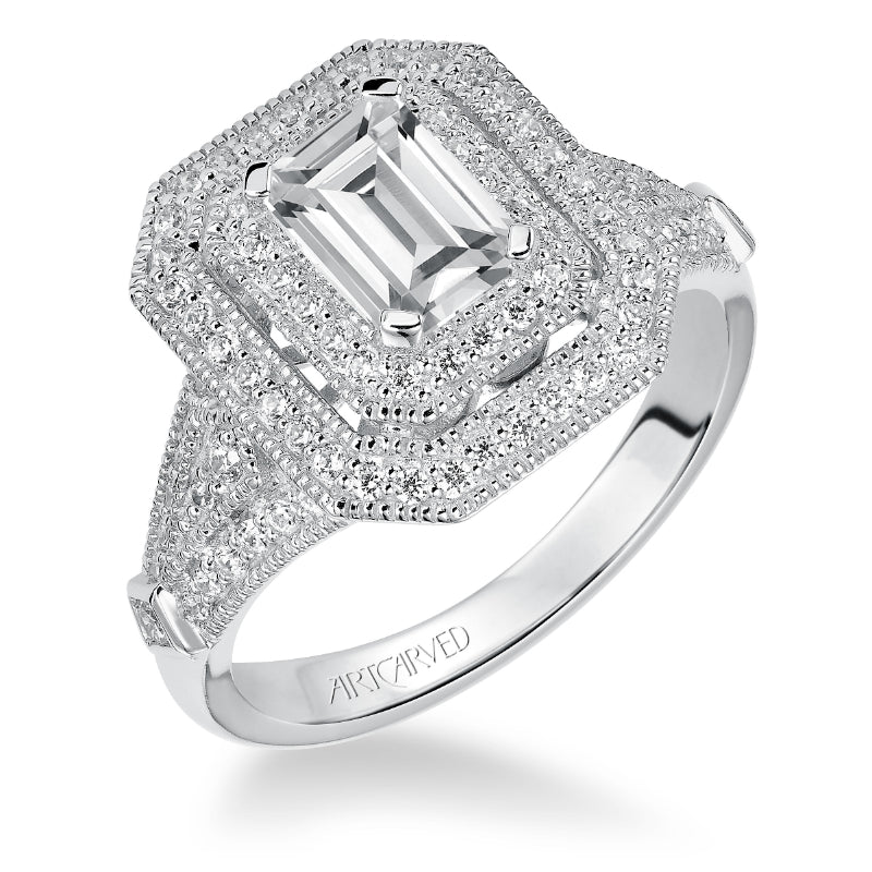 Artcarved Bridal Mounted with CZ Center Vintage Milgrain Halo Engagement Ring Selma 14K White Gold