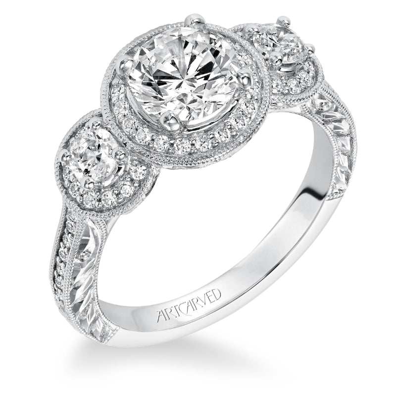 Artcarved Bridal Mounted with CZ Center Vintage Engraved 3-Stone Engagement Ring Ophelia 14K White Gold