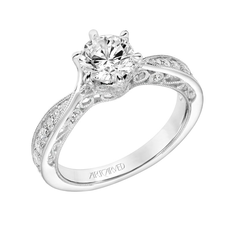 Artcarved Bridal Semi-Mounted with Side Stones Vintage Filigree Diamond Engagement Ring Cornelia 18K White Gold