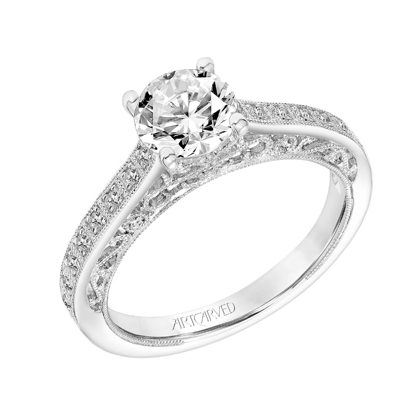 Artcarved Bridal Mounted with CZ Center Vintage Filigree Diamond Engagement Ring Mae 18K White Gold