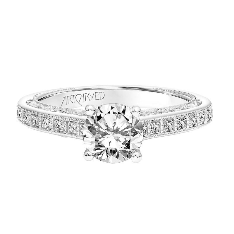 Artcarved Bridal Mounted with CZ Center Vintage Filigree Diamond Engagement Ring Mae 18K White Gold