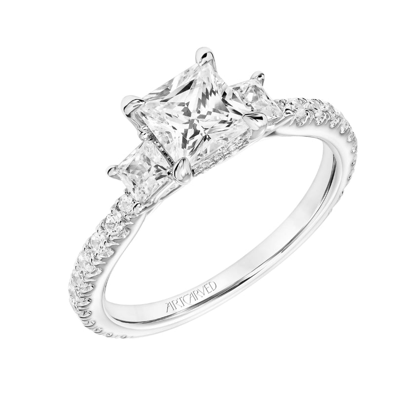 Artcarved Bridal Mounted with CZ Center Classic Diamond 3-Stone Engagement Ring Rea 14K White Gold