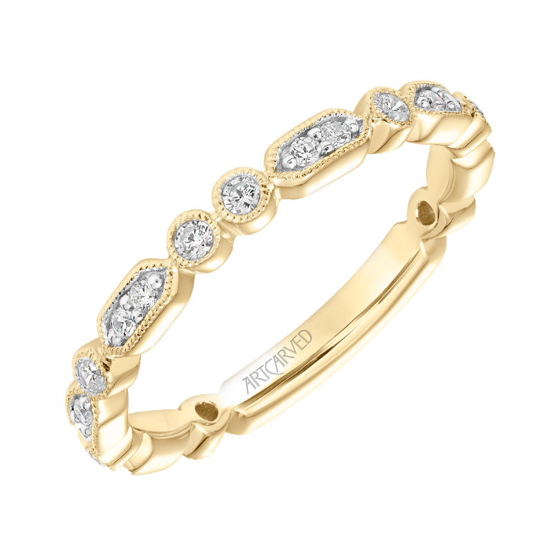 Artcarved Bridal Mounted with Side Stones Vintage Milgrain Diamond Wedding Band Beatrice 18K Yellow Gold