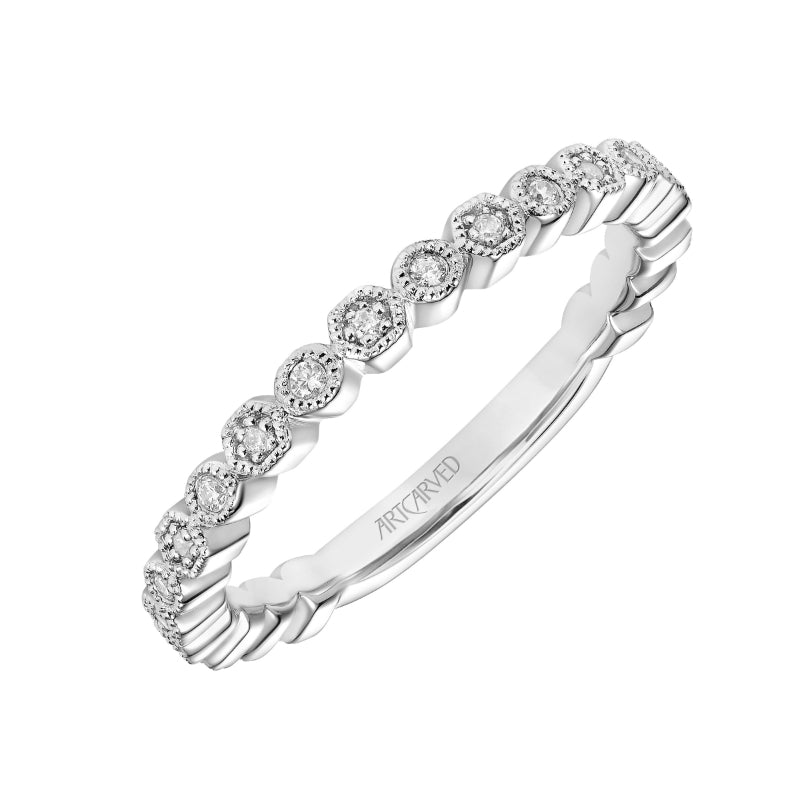 Artcarved Bridal Mounted with Side Stones Vintage Milgrain Halo Diamond Wedding Band Lilith 18K White Gold