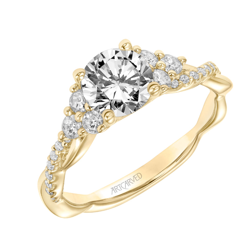 Artcarved Bridal Semi-Mounted with Side Stones Contemporary 3-Stone Engagement Ring 14K Yellow Gold