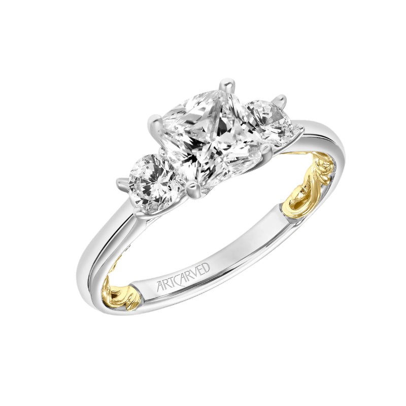 Artcarved Bridal Mounted with CZ Center Classic Lyric 3-Stone Engagement Ring Christy 18K White Gold Primary & 18K Yellow Gold