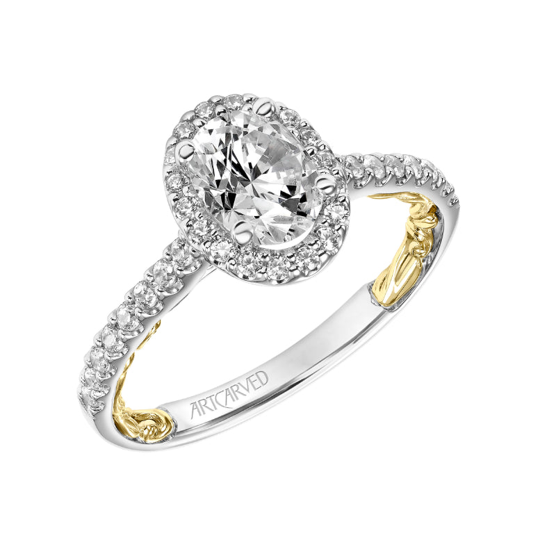 Artcarved Bridal Semi-Mounted with Side Stones Classic Lyric Halo Engagement Ring Falyn 18K White Gold Primary & 18K Yellow Gold