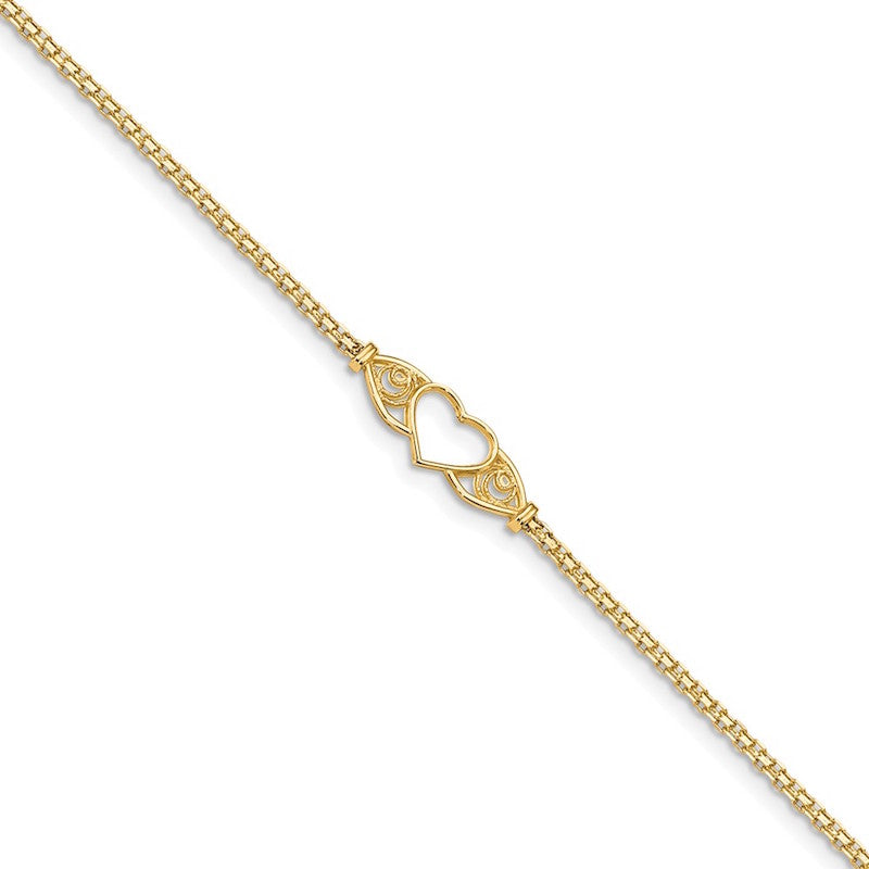 Quality Gold 14k Polished Antiqued Heart Anklet