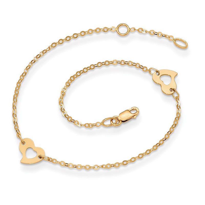 Quality Gold 14k Polished Heart Anklet 9-10