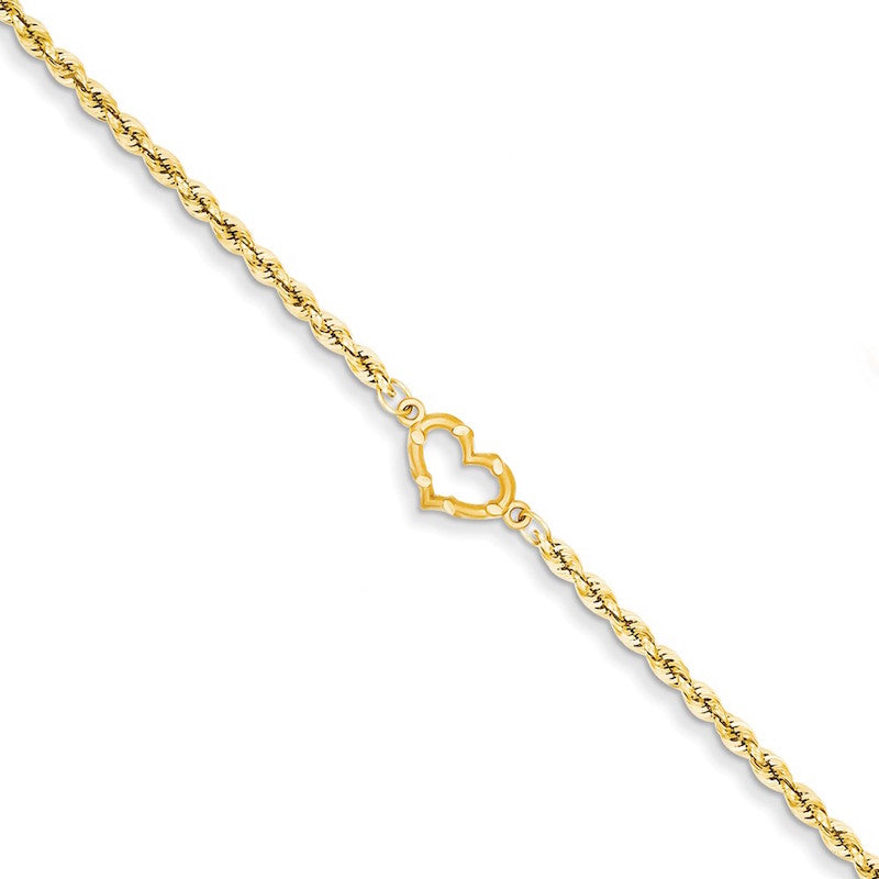 Quality Gold 14k Satin & Diamond-cut Open Heart Rope Anklet