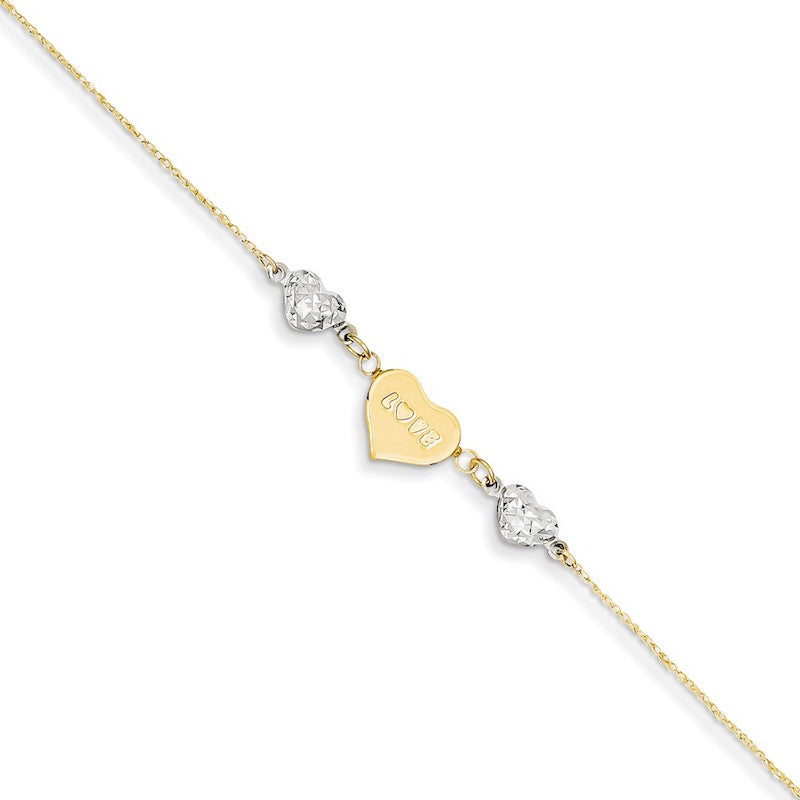 Quality Gold 14k Two Tone Puffed Heart LOVE Anklet