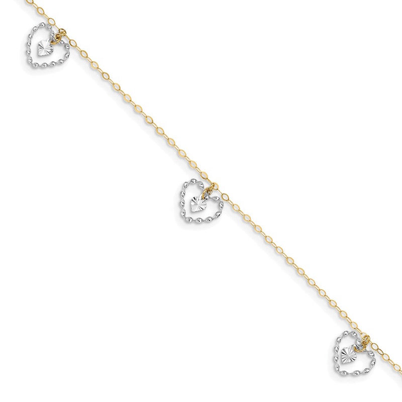 Quality Gold 14k Two Tone Twisted & Diamond Cut Hearts Anklet