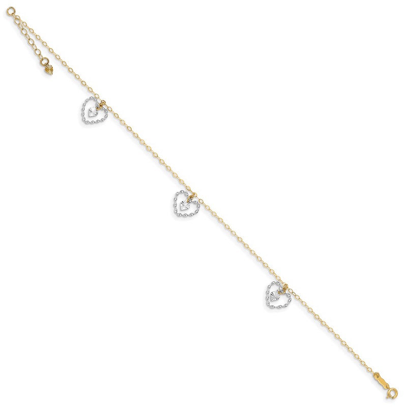 Quality Gold 14k Two Tone Twisted & Diamond Cut Hearts Anklet