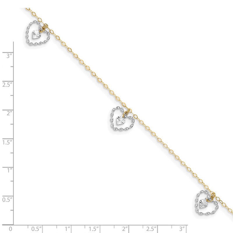 Quality Gold 14k Two Tone Twisted & Diamond Cut Hearts Anklet